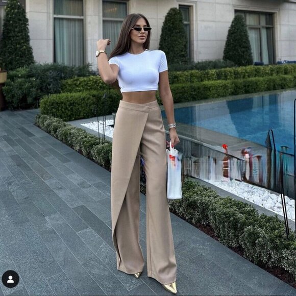 NWT ZARA HIGH-WAIST WIDE-LEG PAREO WRAP PANTS *WHITE*  SIZE M - Picture 1 of 11